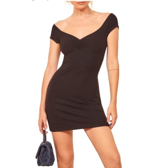 Reformation Dresses & Skirts - Reformation The Sweetheart Black Ribbed Knit Off-Shoulder Mini Dress S Party